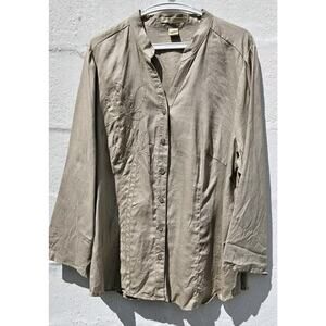 Ecologie Woman Button Down Shirt 3X Tan 100% Linen Embroidered Long Sleeve Top